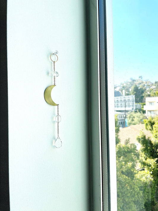 Modern Brass Crescent Moon & Clear Quartz Wall Hanging – Crystal Sun Catcher