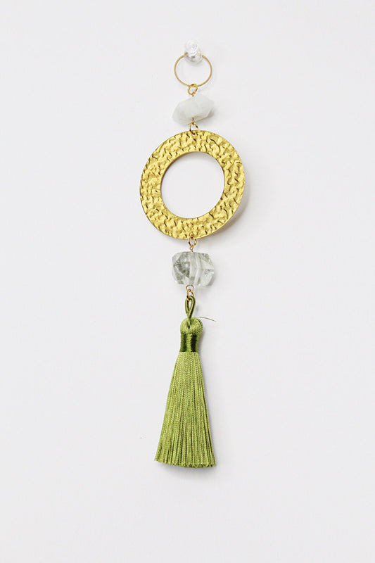 Green Amethyst Sun Catcher Crystal Brass Hoop Wall Hanging Art Green Tassel Wall Art Unique Brass Decor Accent Natural Gemstone Prasiolite