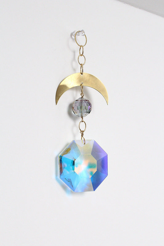 Handcrafted Crystal Brass Moon Wall Hanging with Iridescent Sun Catcher Aura Iridescent Sun Catcher Crystal Brass Moon Wall Hanging Art