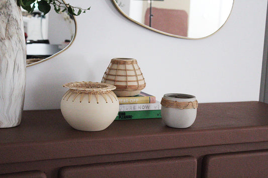 Modern Plant Pot Ceramic Rattan Planter Minimalist Home Decor Indoor Succulent Planter Boho Woven Planter Small Space Scandinavian Decor Living Room Decor Bedroom Decor Kitchen Decor Entryway Decor