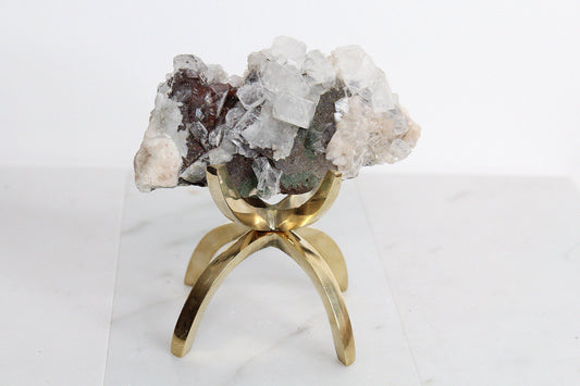 Raw White Apophyllite & Stilbite Quartz on Brass Claw Stand – Boho Crystal Decor