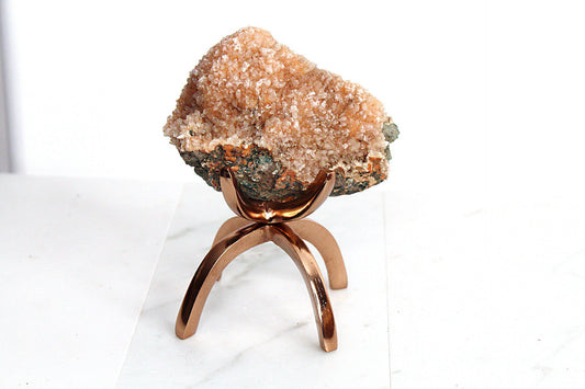 Heulandite & Pink Quartz Crystal on Brass Claw Stand – Unique Decor Accent
