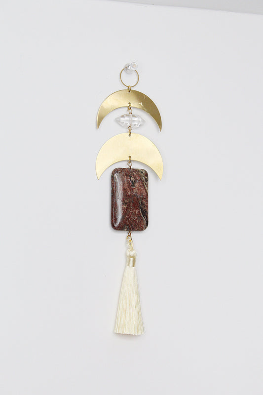 Crescent Brass Moon Wall Hanging - Sun Catcher with Fancy Jasper & Clear Quartz