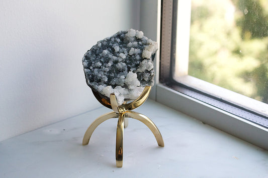 Apophyllite Chalcedony Gray Quartz Crystal on Brass Modern Claw Display Stand Boho Decor Accent Unique Crystal Arrangement White Stone