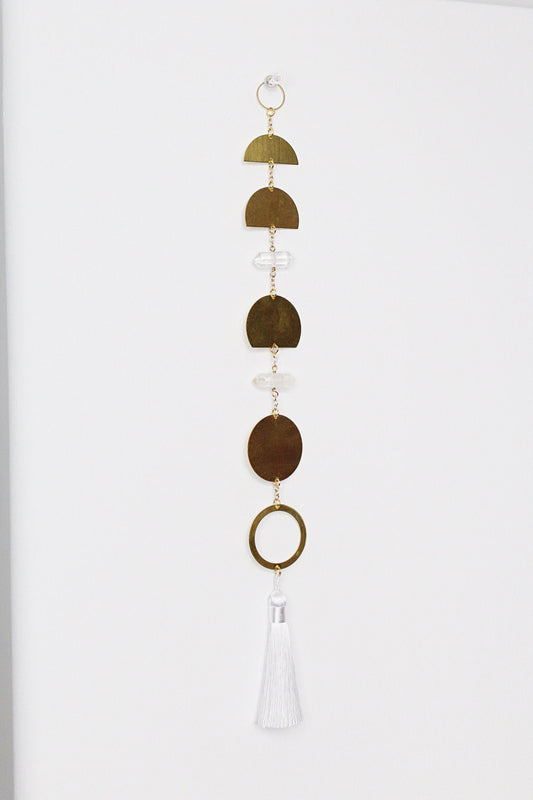 Handcrafted Brass Moon Phases Wall Hanging Art Sun Catcher Crystal Brass Moon Wall Hanging Art Real Natural Stone Clear Quartz White Tassel