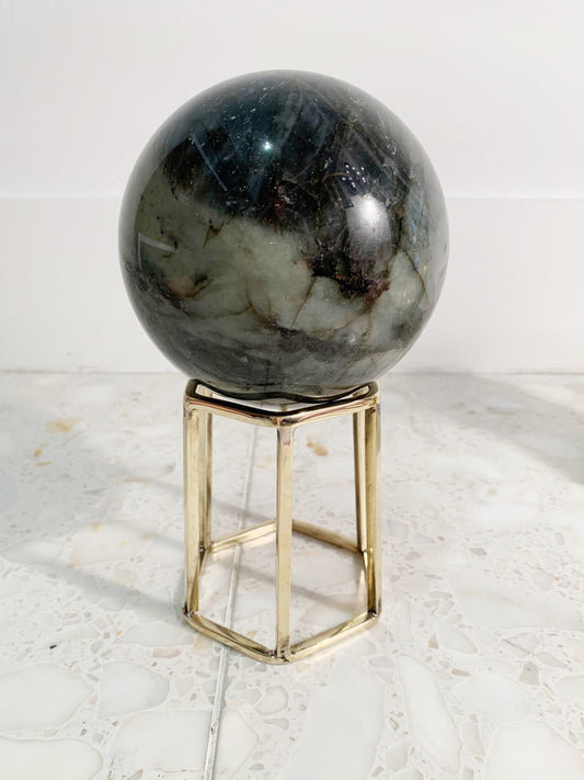 Brass Crystal Hexagonal Display Stand - Gold Geometric Candle & Sphere Holder