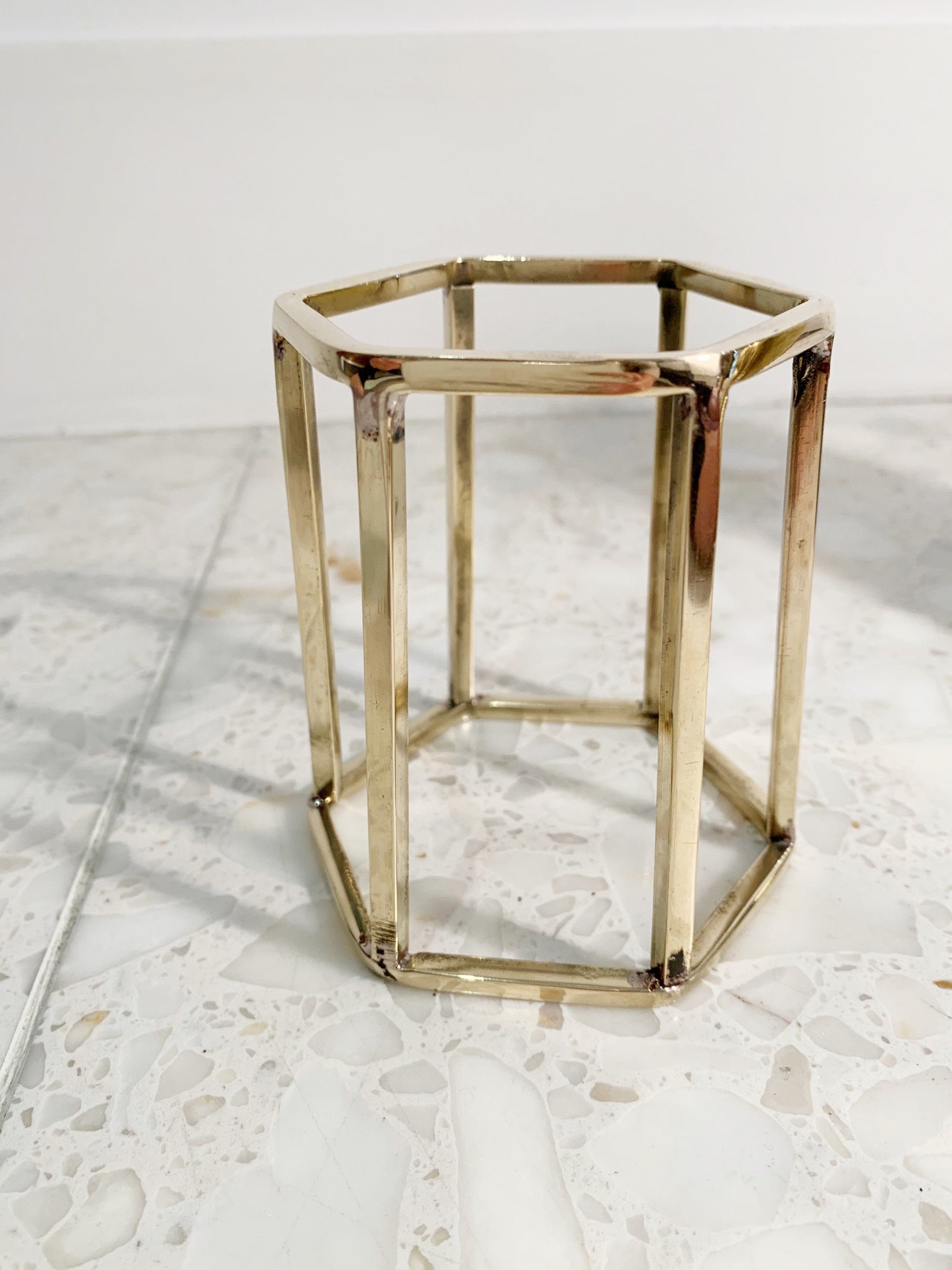Brass Crystal Hexagonal Display Stand - Gold Geometric Candle & Sphere Holder