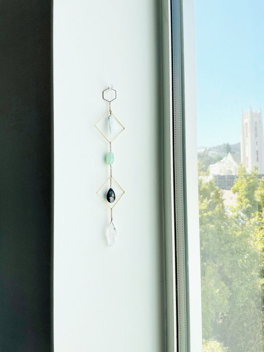 Modern Blue Crystal Wall Hanging Art - Sun Catcher with Larimar and Quartz