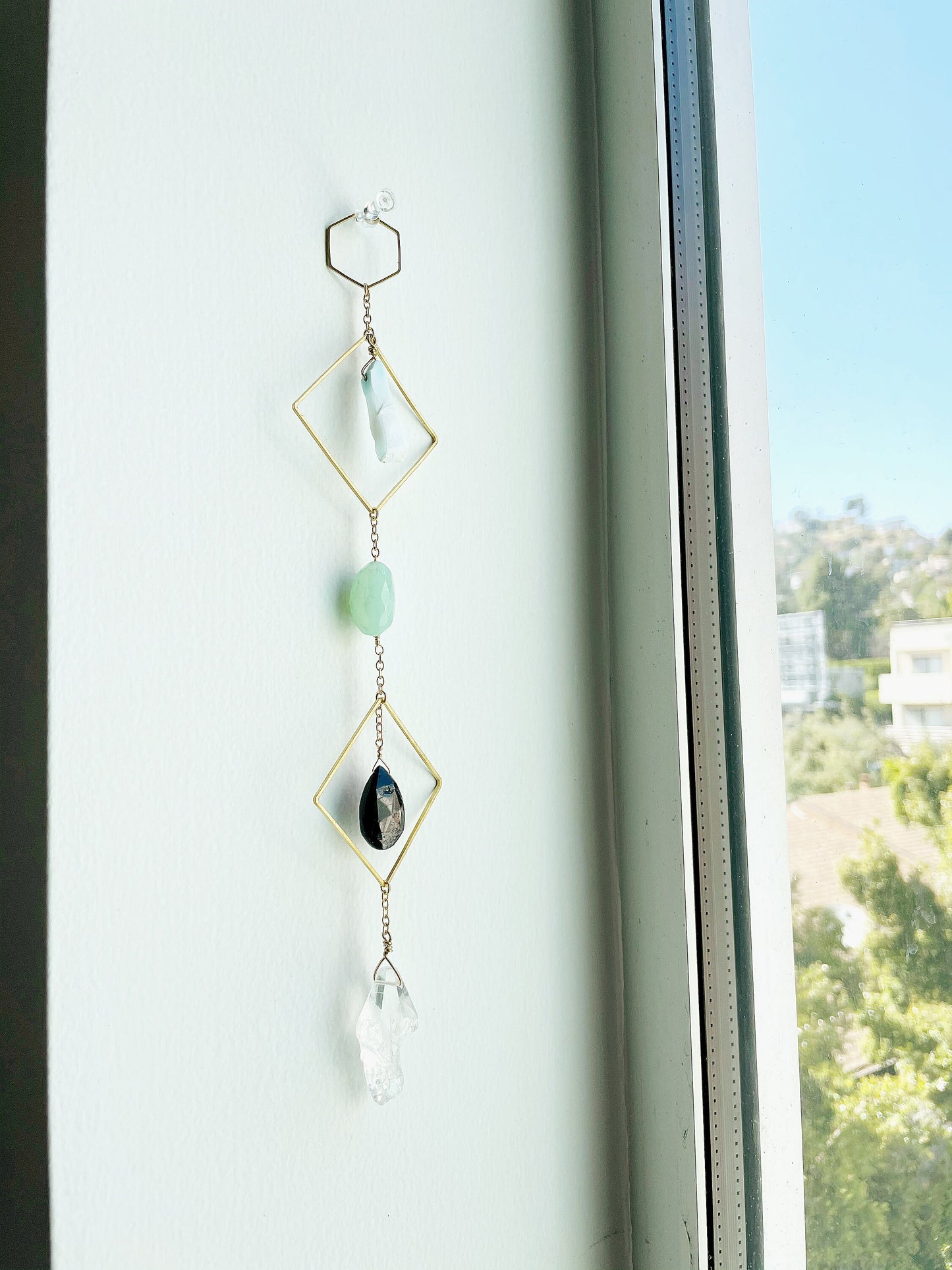 Modern Blue Crystal Wall Hanging Art - Sun Catcher with Larimar and Quartz