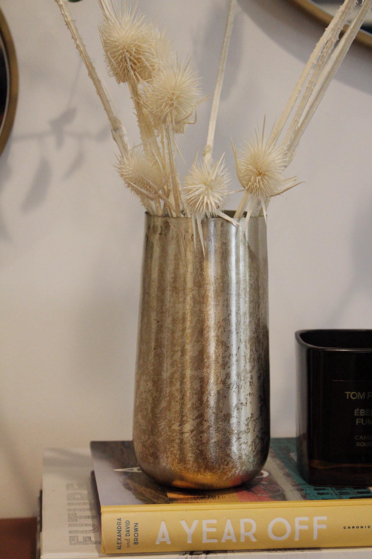 Silver Metallic Vase Antique Finish Vase for Branches Modern Vase Floral Arrangement Organic Vessel Distressed Texture Wabi Sabi Aesthetic