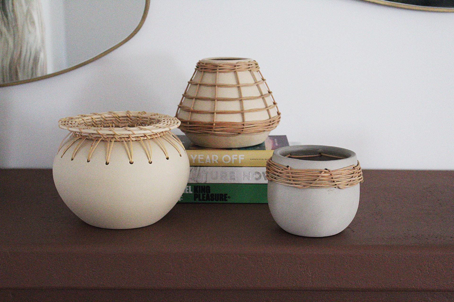 Boho Woven Planter Ceramic Rattan Planter Modern Plant Pot Minimalist Home Decor Indoor Succulent Planter Small Space Scandinavian Decor Neutral Color Planter Contemporary Home Accessory