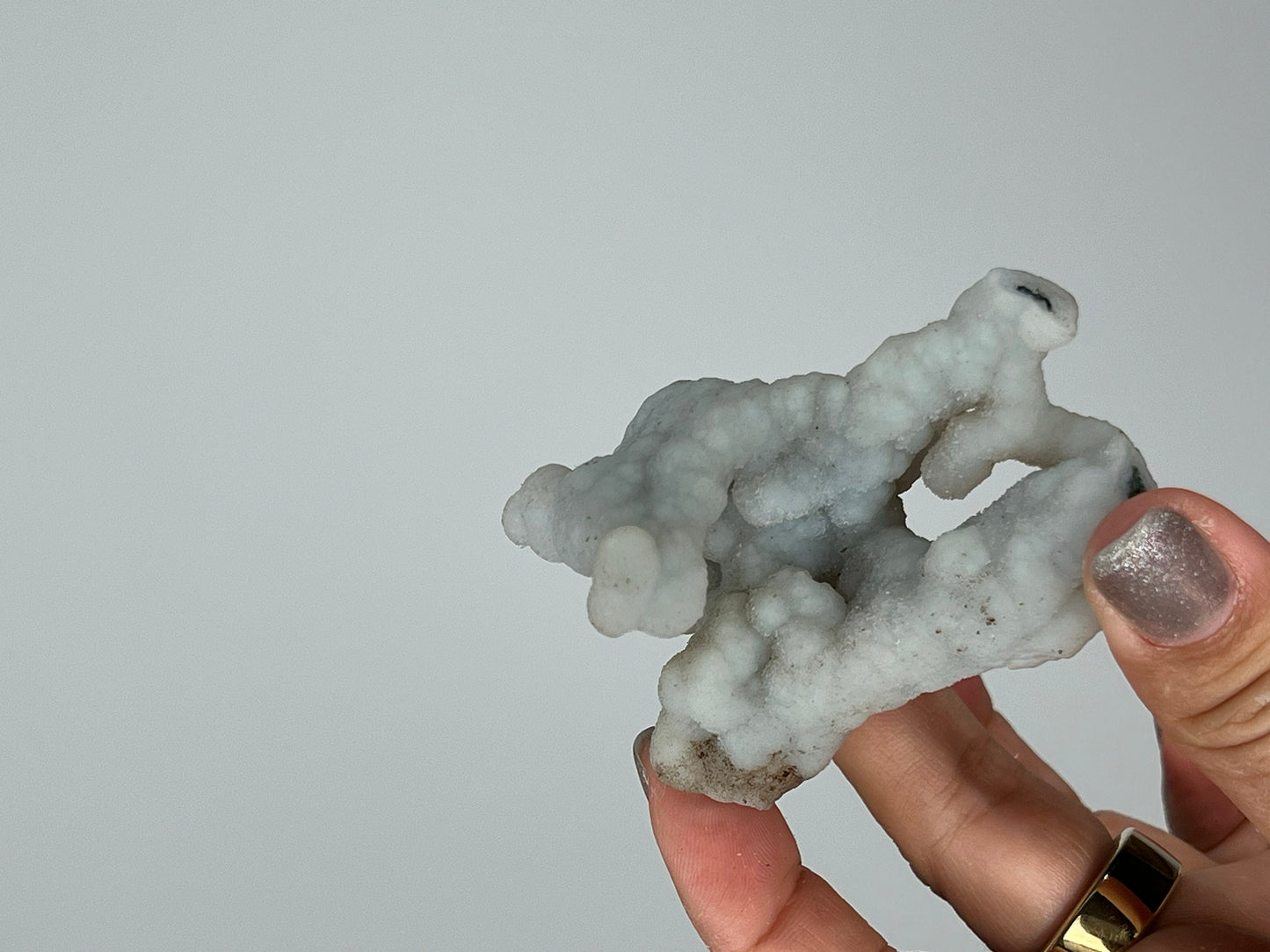 White Chalcedony Quartz on Brass Claw Stand – Boho Home Accent