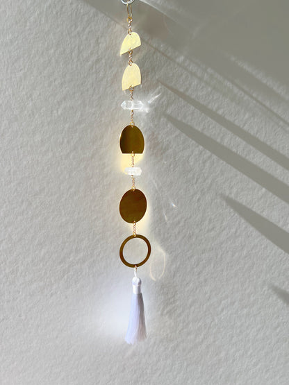Handcrafted Brass Moon Phases Wall Hanging Art Sun Catcher Crystal Brass Moon Wall Hanging Art Real Natural Stone Clear Quartz White Tassel