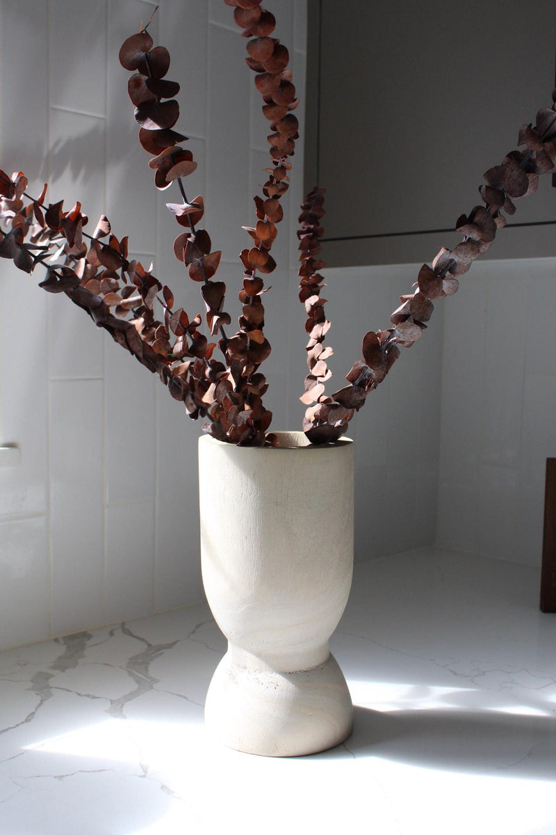 White Flower Vase Modern Design Paulownia Wood Container Natural Home Accent Dried Flower Display Wedding Centerpiece Collection Organic Style Decor Living Room Essential Farmhouse Home Detail Whitewashed Finish Elongated Shape Contemporary