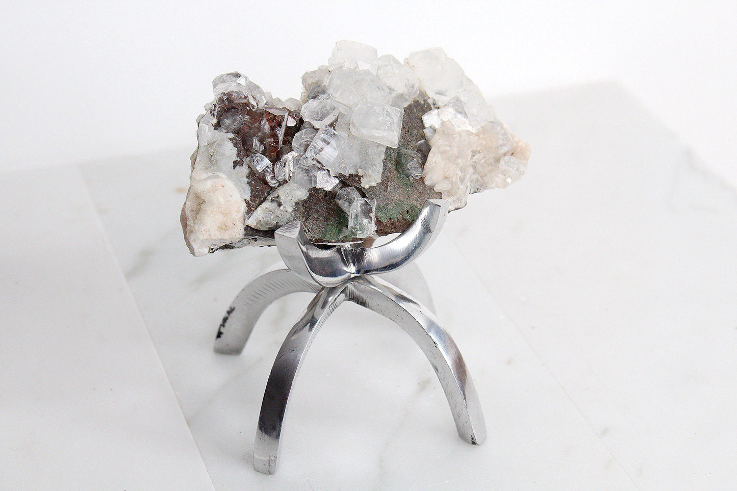 Raw White Apophyllite & Stilbite Quartz on Brass Claw Stand – Boho Crystal Decor