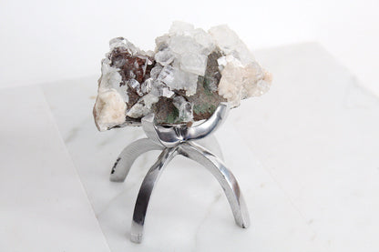 Raw White Apophyllite & Stilbite Quartz on Brass Claw Stand – Boho Crystal Decor