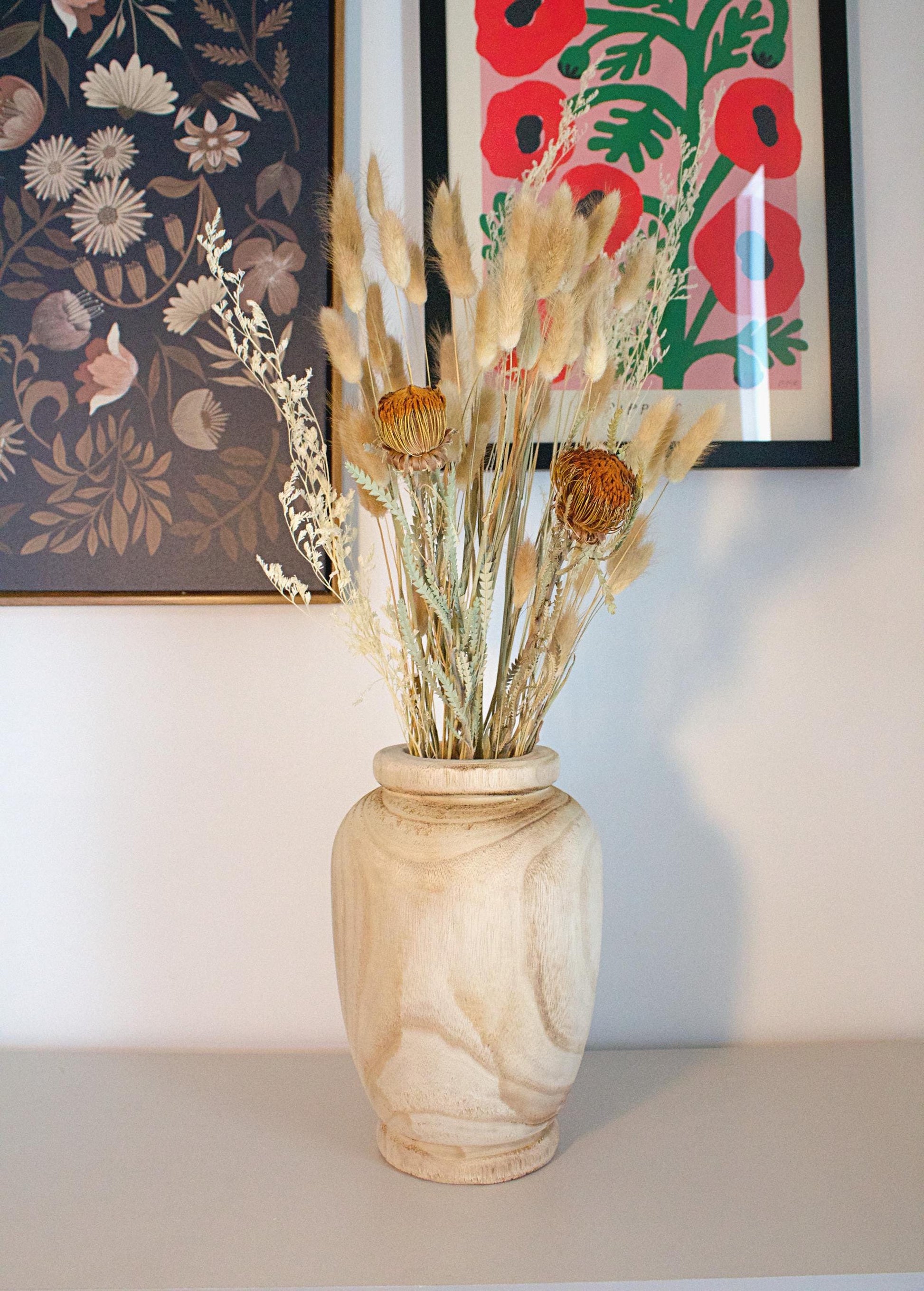 Natural Wood Vase Modern Home Accent Decorative Wooden Container Dried Floral Branch Display Farmhouse Style Decor Organic Design Turned Wood Construction Natural Grain Pattern Home Art Piece Shelf Accent Contemporary Living Space Beautiful