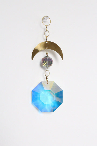 Handcrafted Crystal Brass Moon Wall Hanging with Iridescent Sun Catcher Aura Iridescent Sun Catcher Crystal Brass Moon Wall Hanging Art