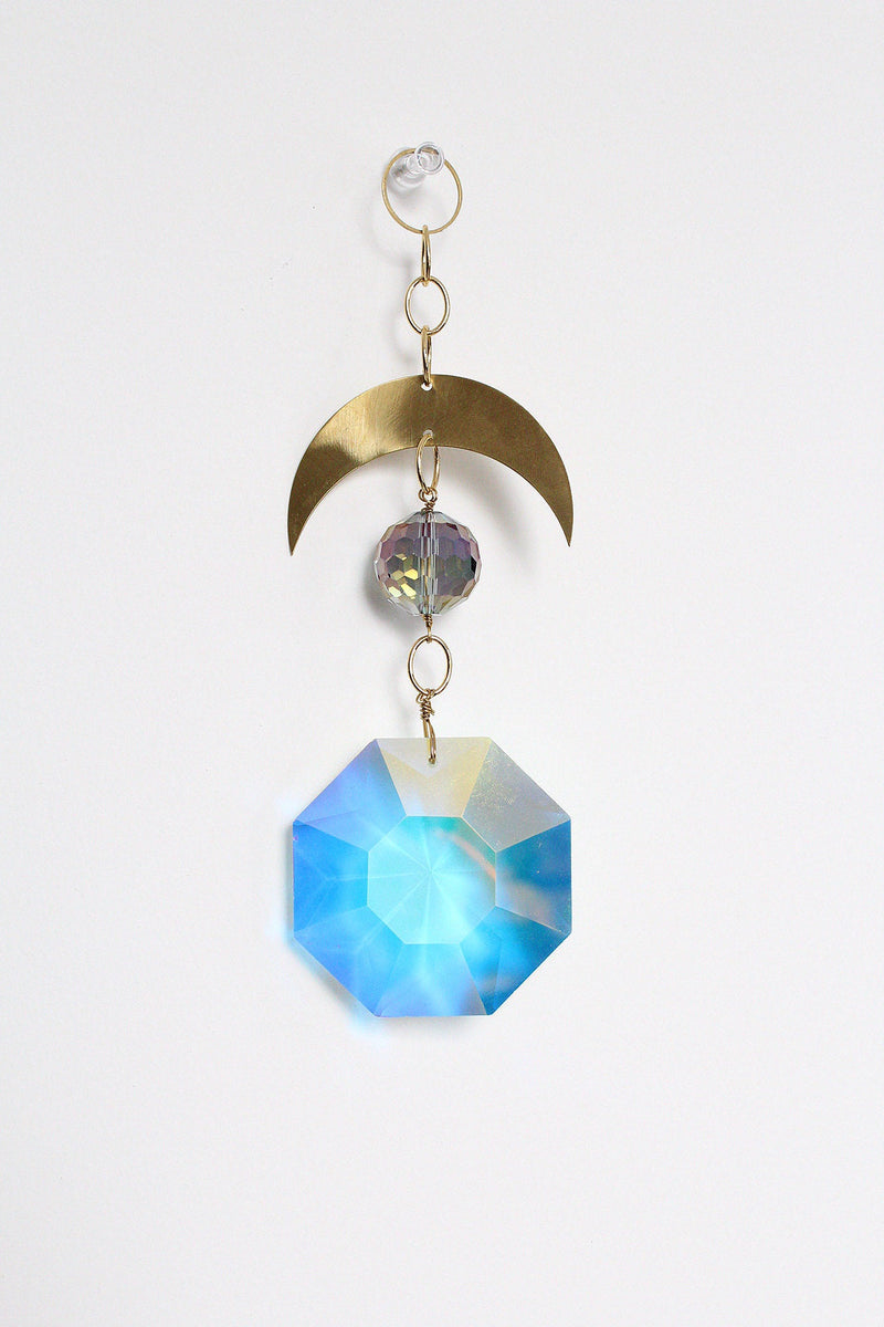 Handcrafted Crystal Brass Moon Wall Hanging with Iridescent Sun Catcher Aura Iridescent Sun Catcher Crystal Brass Moon Wall Hanging Art
