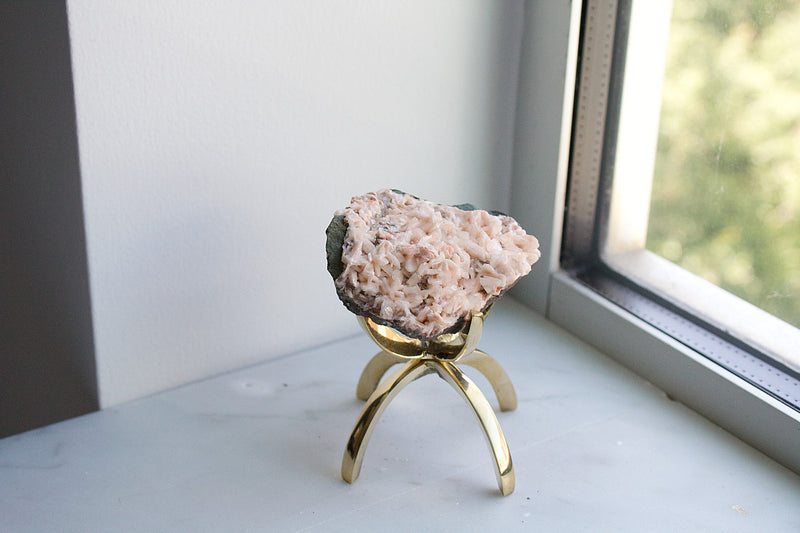 Heulandite Pink Quartz Crystal on Brass Modern Claw Display Stand: Unique Crystal Decor Pink Crystal Decor Accent Salmon Quartz Crystal Gift