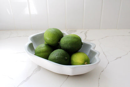 Modern Serving Bowl Ceramic Stoneware White Shell Design Blue Interior Accent Piece Coastal Kitchen Collection Contemporary Home Decor Elegant Dining Essential Beautiful Display Piece Matte Exterior Finish Premium Quality Construction