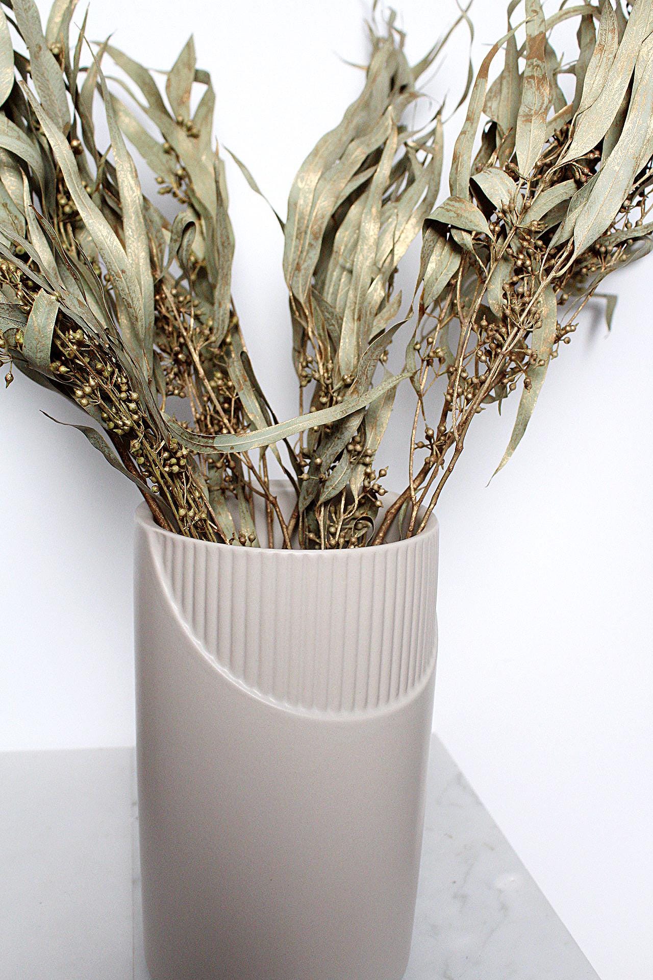 Modern Home Decor Tall Ceramic Vase Gold Accent Design White Floral Display Collection Wedding Centerpiece Statement Piece Rustic Farmhouse Style Living Room Arrangement Dried Branch Display Beautiful Table Decor Special Occasion Elegant
