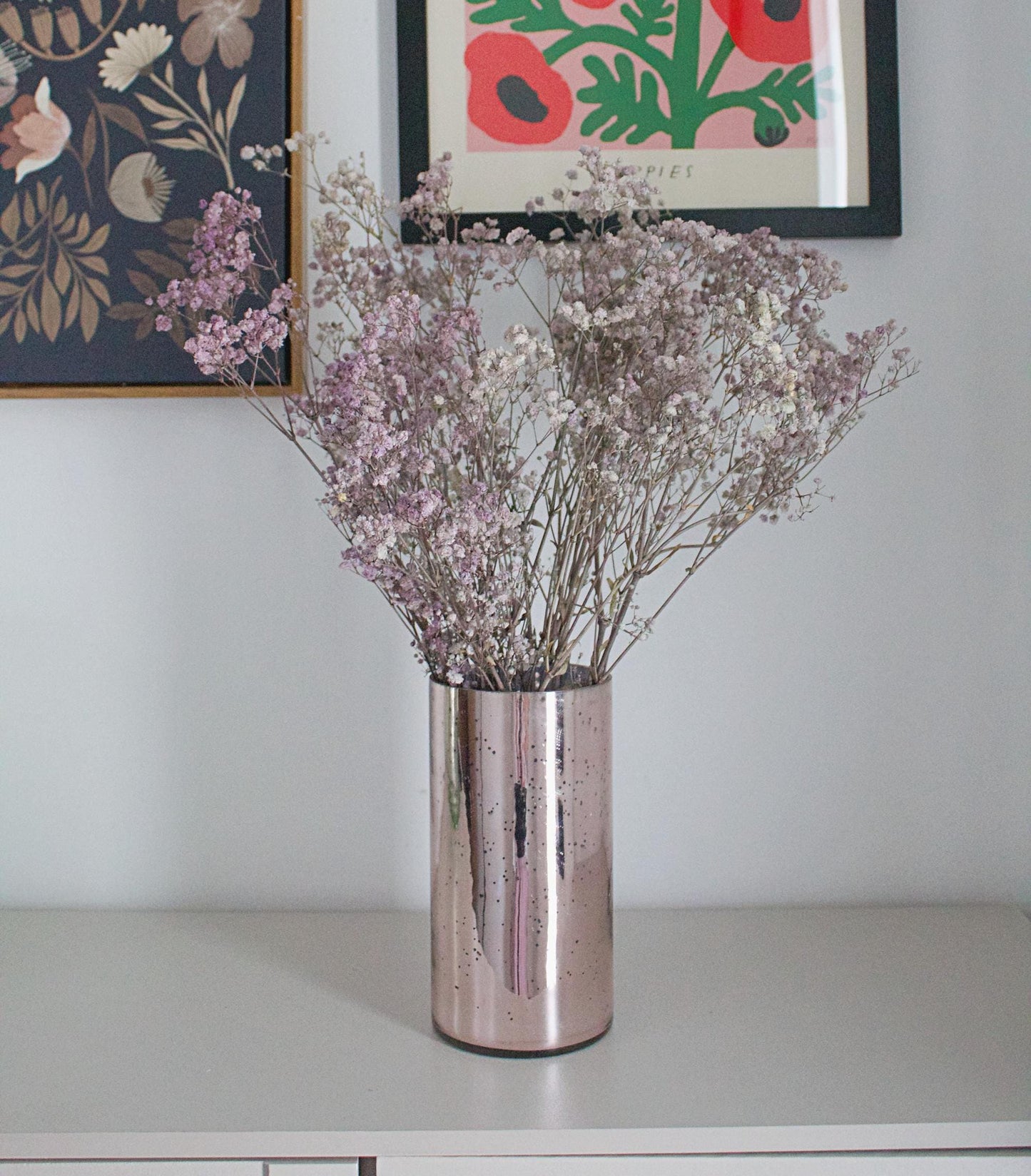 Gift for Her Wedding Gift Anniversary Gift Bridal Shower Gift Housewarming Gift Rose Gold Vase Mercury Glass Vase Modern Feminine Decor Metallic Vase Home Decor Dried Floral Arrangement Purple baby's breath