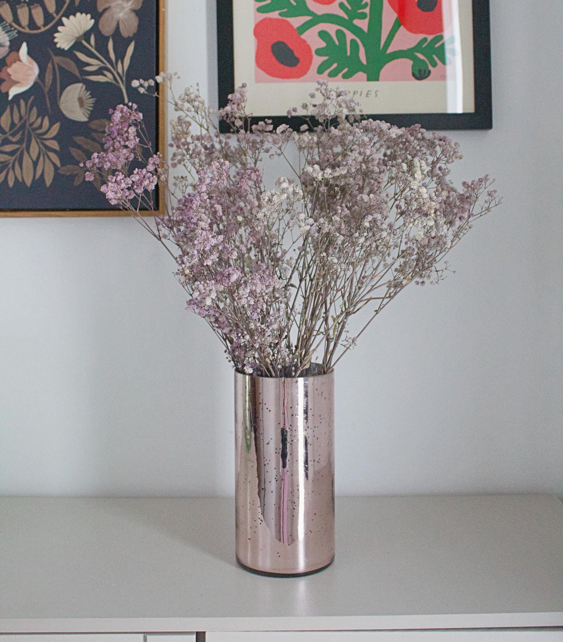 Gift for Her Wedding Gift Anniversary Gift Bridal Shower Gift Housewarming Gift Rose Gold Vase Mercury Glass Vase Modern Feminine Decor Metallic Vase Home Decor Dried Floral Arrangement Purple baby's breath
