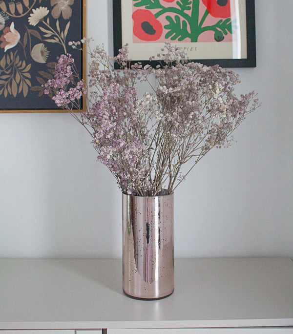 Gift for Her Wedding Gift Anniversary Gift Bridal Shower Gift Housewarming Gift Rose Gold Vase Mercury Glass Vase Modern Feminine Decor Metallic Vase Home Decor Dried Floral Arrangement Purple baby's breath