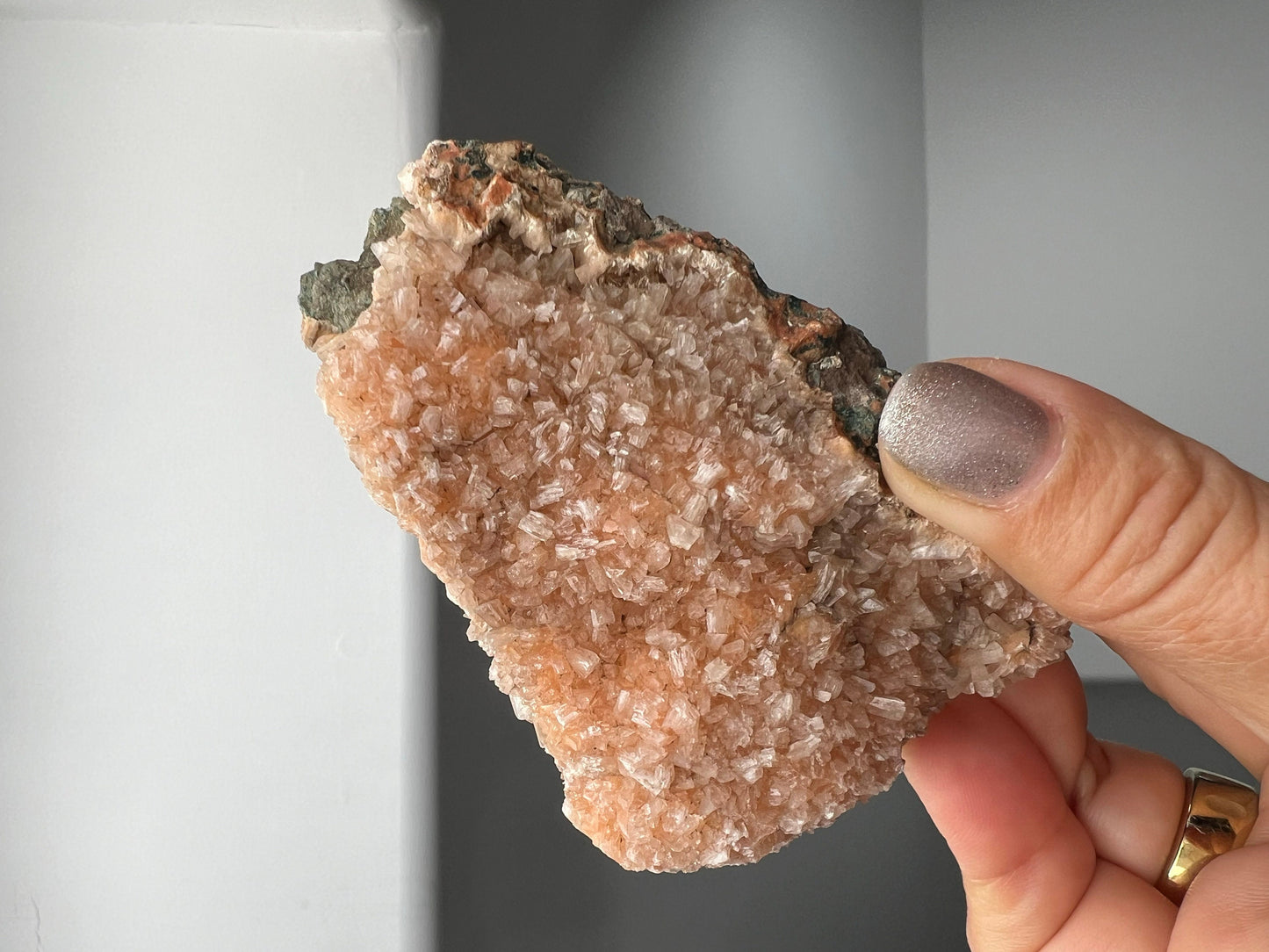 Heulandite & Pink Quartz Crystal on Brass Claw Stand – Unique Decor Accent
