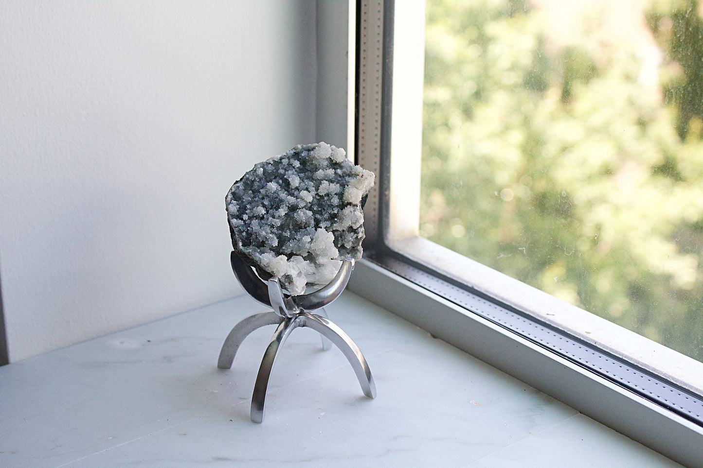 Apophyllite Chalcedony Gray Quartz Crystal on Brass Modern Claw Display Stand  Boho Decor Accent Unique Crystal Arrangement White Stone