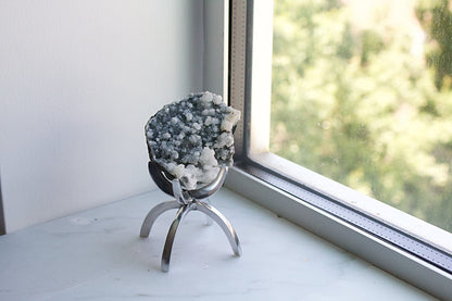 Apophyllite Chalcedony Gray Quartz Crystal on Brass Modern Claw Display Stand  Boho Decor Accent Unique Crystal Arrangement White Stone