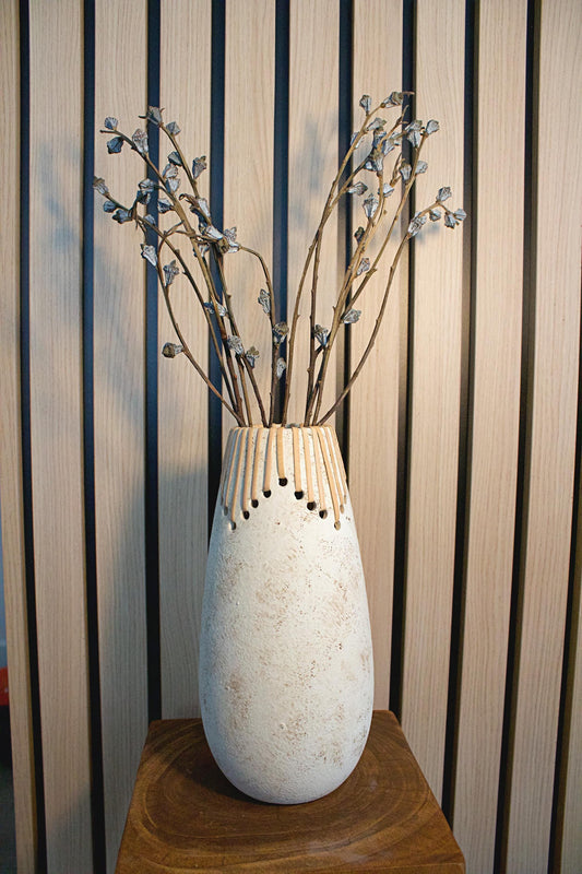 Boho Ceramic Vase Modern Farmhouse Style White Textured Surface Decorative Holes Teardrop Shape Tall Elegant Design Room Accent Piece Dried Flower Display Contemporary Home Decor Rustic Charm Perfect Birthday Gift Beautiful Artistic with dried branches