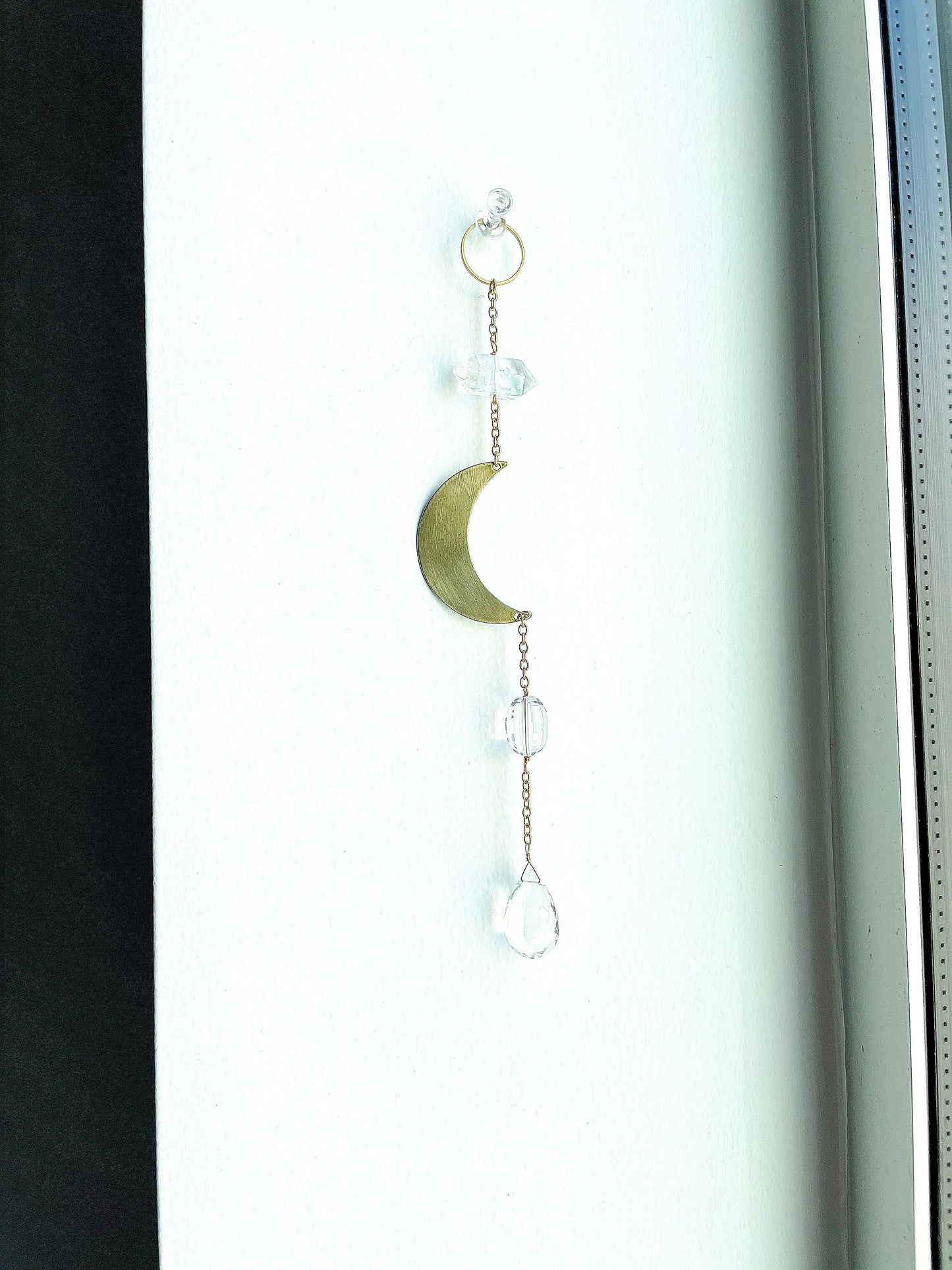 Modern Brass Crescent Moon & Clear Quartz Wall Hanging – Crystal Sun Catcher