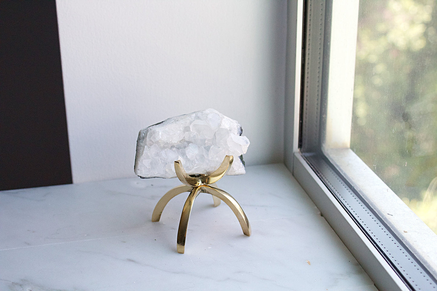 White Apophyllite Stone Modern Decor Accent with Brass Claw Display Stand Apophyllite Quartz Crystal Mineral on Brass Modern Claw Display