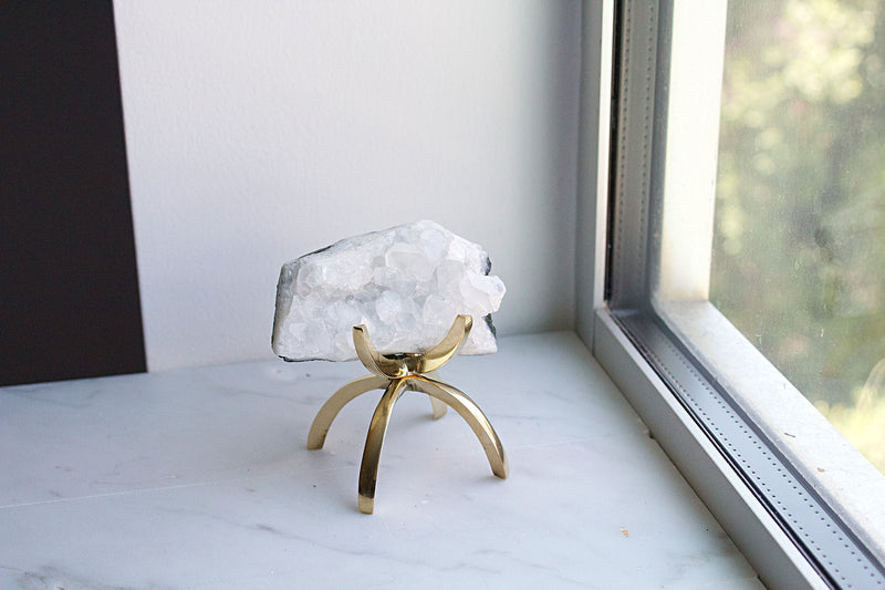 White Apophyllite Stone Modern Decor Accent with Brass Claw Display Stand Apophyllite Quartz Crystal Mineral on Brass Modern Claw Display