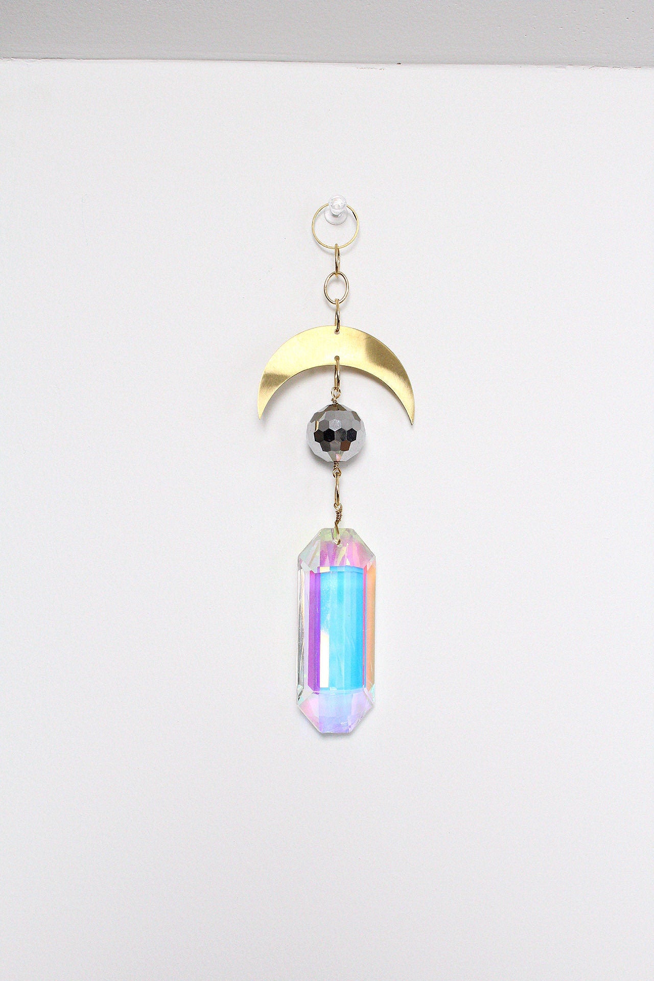 Iridescent Sun Catcher Decor with Crystal Brass Moon for Home Accents Light Catcher Crystal Brass Moon Wall Hanging Art Brass Moon Decor