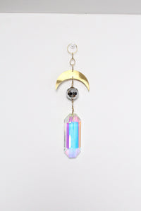 Iridescent Sun Catcher Decor with Crystal Brass Moon for Home Accents Light Catcher Crystal Brass Moon Wall Hanging Art Brass Moon Decor