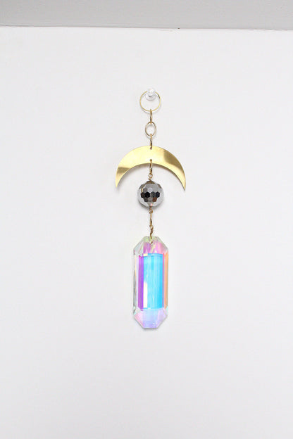 Iridescent Sun Catcher Decor with Crystal Brass Moon for Home Accents Light Catcher Crystal Brass Moon Wall Hanging Art Brass Moon Decor