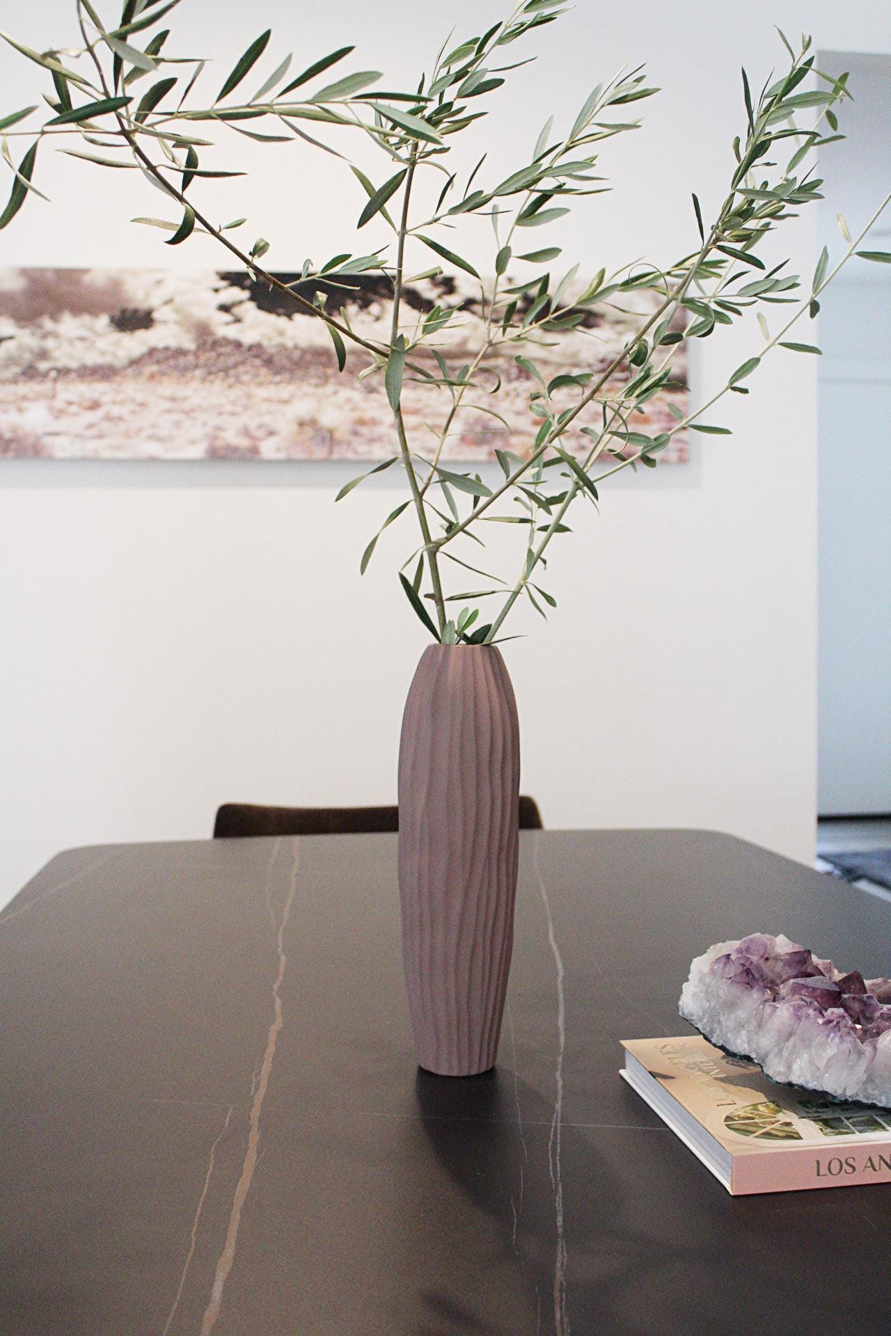 Purple Neutral Color Vase Muted Tone Tall Vase for Branches Brown Vase Floral Arrangement Rustic Vessel Ribbed Texture Wabi Sabi Aesthetic Modern Vase Floral Arrangement Organic Vessel Ribbed Texture Wabi Sabi