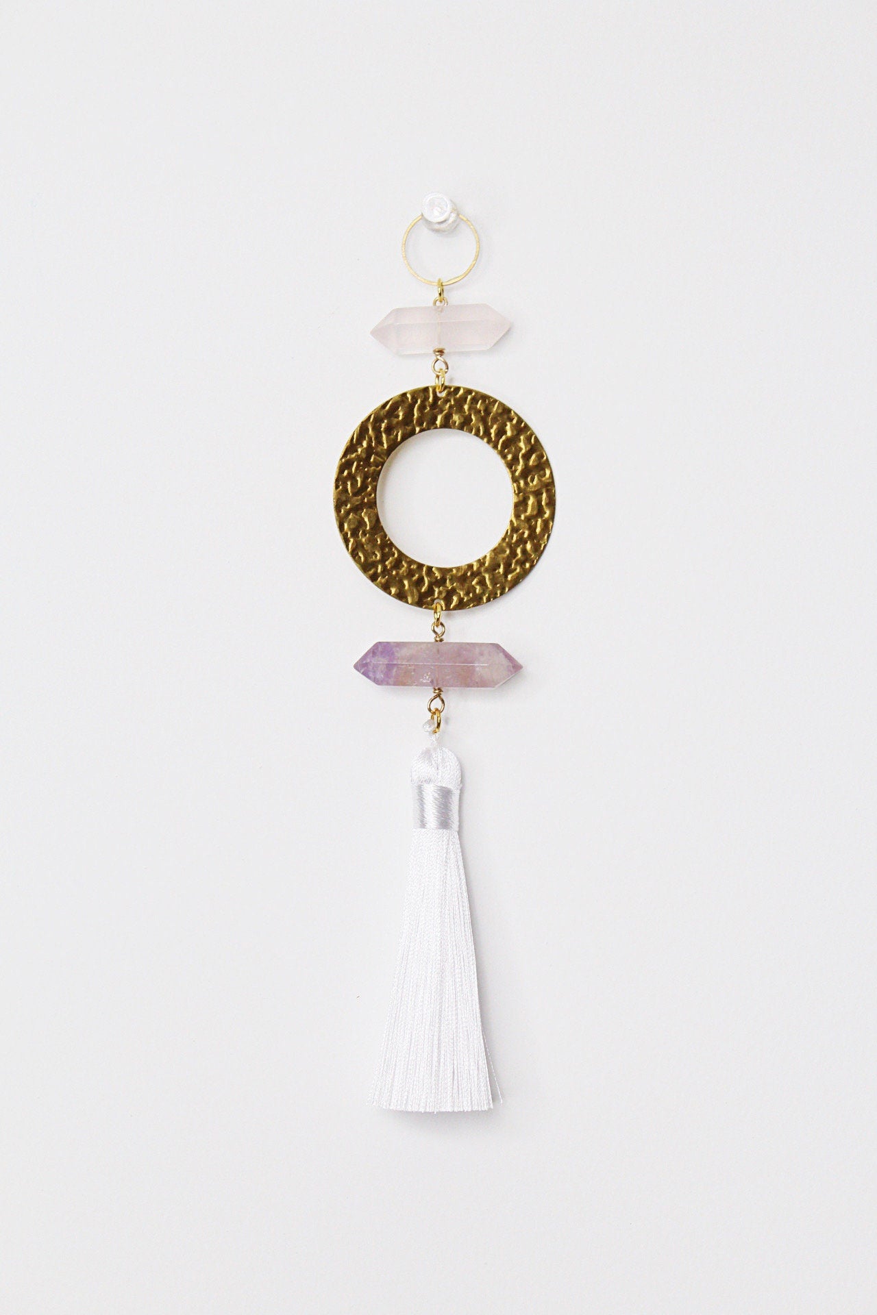 Natural Gemstone Sun Catcher Purple Pink Light Catcher Crystal Brass Moon Wall Hanging Art Rose Quartz Amethyst White Tassel Crystal Decor