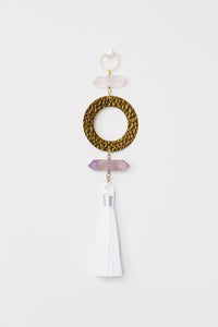 Natural Gemstone Sun Catcher Purple Pink Light Catcher Crystal Brass Moon Wall Hanging Art Rose Quartz Amethyst White Tassel Crystal Decor