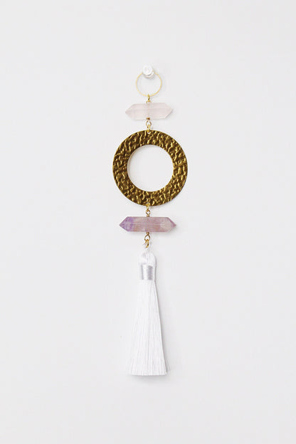 Natural Gemstone Sun Catcher Purple Pink Light Catcher Crystal Brass Moon Wall Hanging Art Rose Quartz Amethyst White Tassel Crystal Decor
