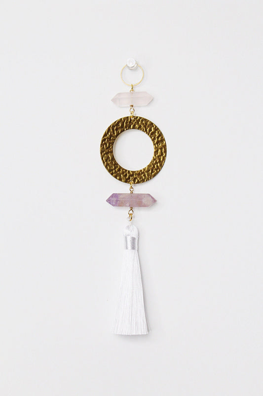 Natural Gemstone Sun Catcher Purple Pink Light Catcher Crystal Brass Moon Wall Hanging Art Rose Quartz Amethyst White Tassel Crystal Decor