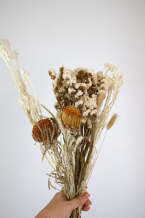 Dried Flower Bouquet Natural Wedding Centerpiece Boho Style Arrangement Cream Golden Brown Colors Farmhouse Home Decor Modern Interior Design Rustic Room Accent Protea Bunny Tails Wedding Gift Collection Neutral Color Palette Beautiful