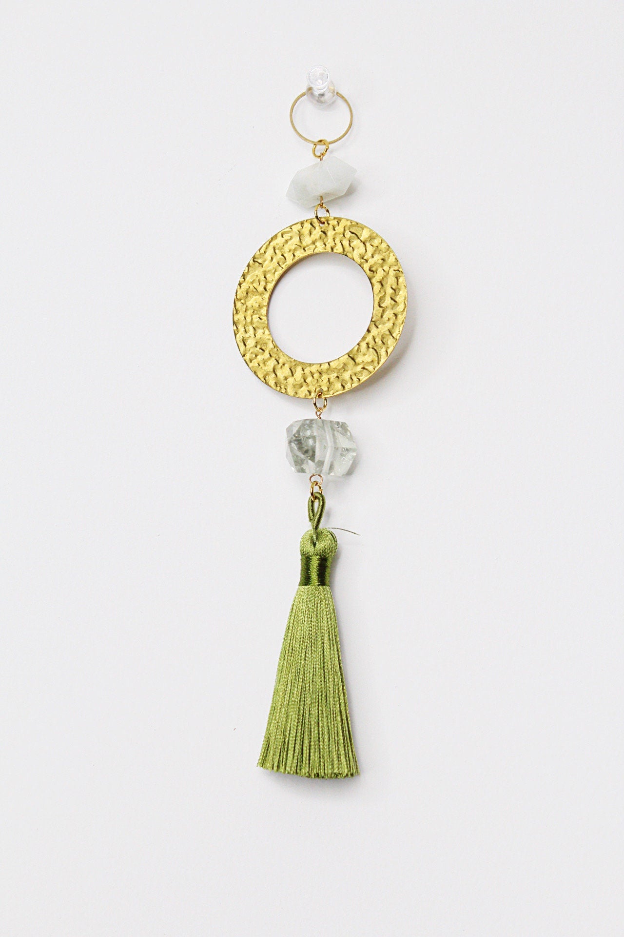 Green Amethyst Sun Catcher Crystal Brass Hoop Wall Hanging Art Green Tassel Wall Art Unique Brass Decor Accent Natural Gemstone Prasiolite