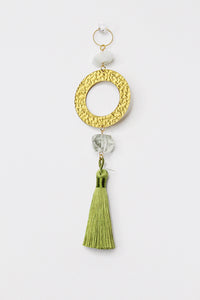 Green Amethyst Sun Catcher Crystal Brass Hoop Wall Hanging Art Green Tassel Wall Art Unique Brass Decor Accent Natural Gemstone Prasiolite