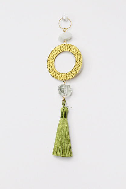 Green Amethyst Sun Catcher Crystal Brass Hoop Wall Hanging Art Green Tassel Wall Art Unique Brass Decor Accent Natural Gemstone Prasiolite