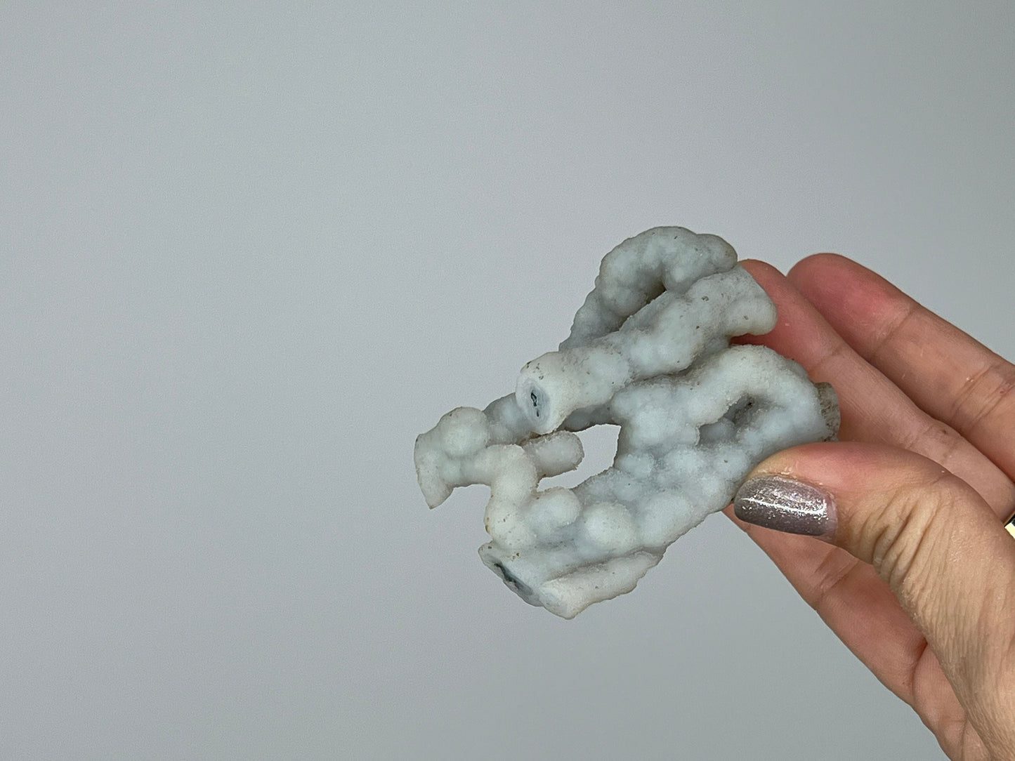 White Chalcedony Quartz on Brass Claw Stand – Boho Home Accent