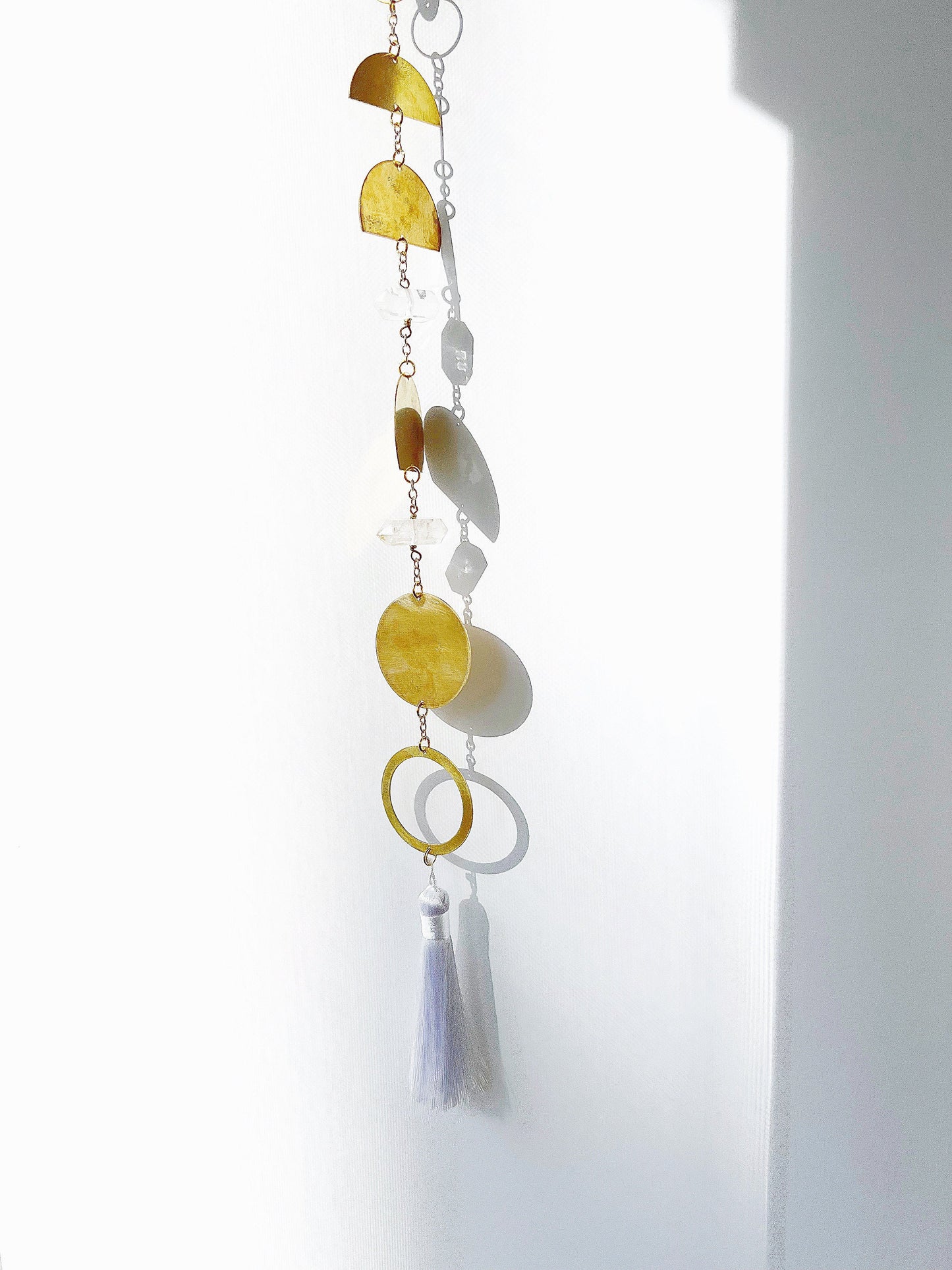 Handcrafted Brass Moon Phases Wall Hanging Art Sun Catcher Crystal Brass Moon Wall Hanging Art Real Natural Stone Clear Quartz White Tassel
